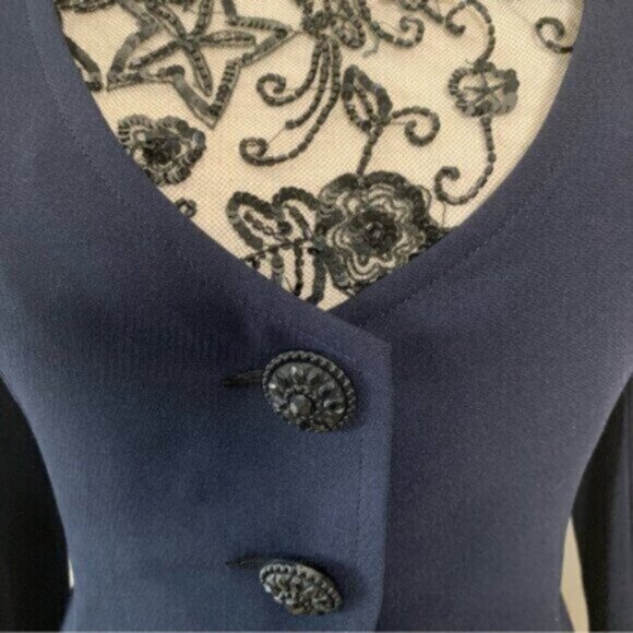 Badgley Mischka Vintage Navy Blue Lace Trim Button Accent Midi Dress - Picture 11 of 16